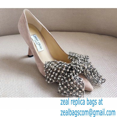 Jimmy Choo Heel 8.5cm SEKA Pumps Suede Nude with Crystal Bow Clasp 2021