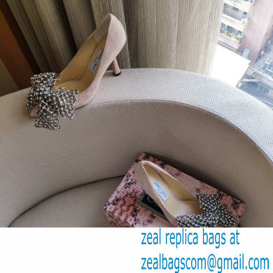 Jimmy Choo Heel 8.5cm SEKA Pumps Suede Nude with Crystal Bow Clasp 2021