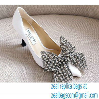 Jimmy Choo Heel 8.5cm SEKA Pumps White with Crystal Bow Clasp 2021