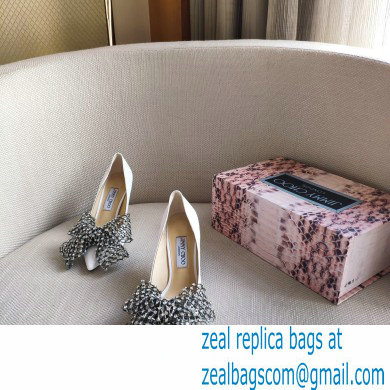 Jimmy Choo Heel 8.5cm SEKA Pumps White with Crystal Bow Clasp 2021