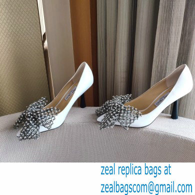 Jimmy Choo Heel 8.5cm SEKA Pumps White with Crystal Bow Clasp 2021