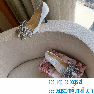 Jimmy Choo Heel 8.5cm SEKA Pumps White with Crystal Bow Clasp 2021