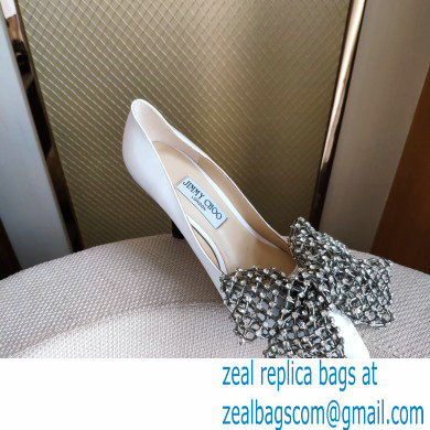 Jimmy Choo Heel 8.5cm SEKA Pumps White with Crystal Bow Clasp 2021