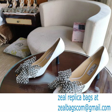 Jimmy Choo Heel 8.5cm SEKA Pumps White with Crystal Bow Clasp 2021