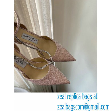 Jimmy Choo Heel 8.5cm TALIKA Pumps Glitter Pink with Ankel Strap and Crystal Chain 2021