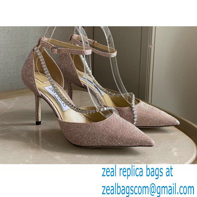 Jimmy Choo Heel 8.5cm TALIKA Pumps Glitter Pink with Ankel Strap and Crystal Chain 2021