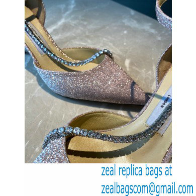Jimmy Choo Heel 8.5cm TALIKA Pumps Glitter Pink with Ankel Strap and Crystal Chain 2021
