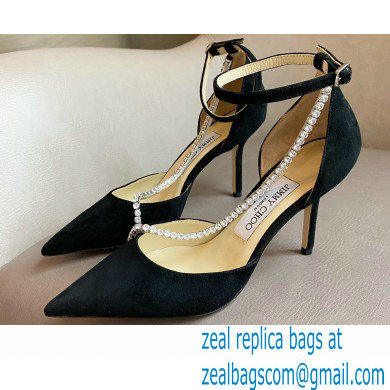 Jimmy Choo Heel 8.5cm TALIKA Pumps Suede Black with Ankel Strap and Crystal Chain 2021