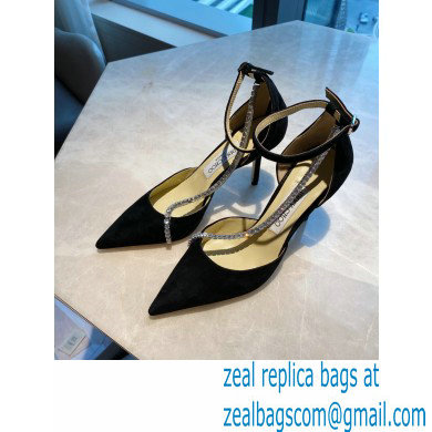 Jimmy Choo Heel 8.5cm TALIKA Pumps Suede Black with Ankel Strap and Crystal Chain 2021