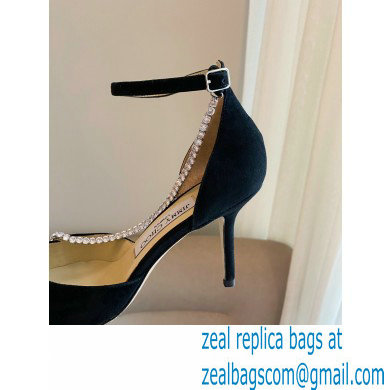 Jimmy Choo Heel 8.5cm TALIKA Pumps Suede Black with Ankel Strap and Crystal Chain 2021