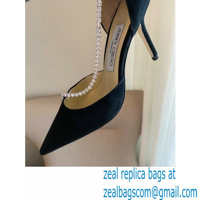 Jimmy Choo Heel 8.5cm TALIKA Pumps Suede Black with Ankel Strap and Crystal Chain 2021
