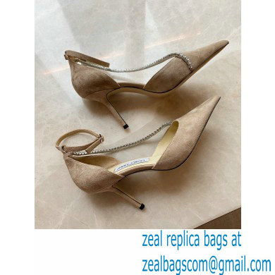 Jimmy Choo Heel 8.5cm TALIKA Pumps Suede Nude with Ankel Strap and Crystal Chain 2021