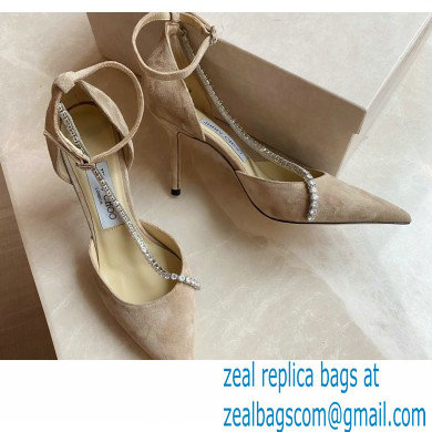 Jimmy Choo Heel 8.5cm TALIKA Pumps Suede Nude with Ankel Strap and Crystal Chain 2021