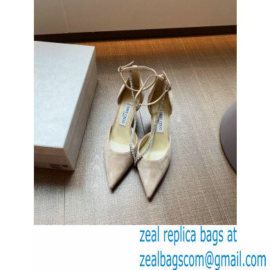 Jimmy Choo Heel 8.5cm TALIKA Pumps Suede Nude with Ankel Strap and Crystal Chain 2021