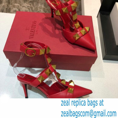 Valentino Heel 8cm Calfskin Roman Stud Pumps Red 2021 - Click Image to Close