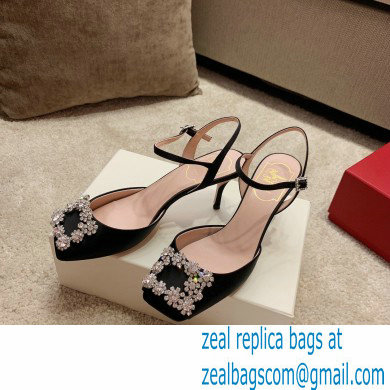 roger vivier 6.5CM HEEL Flower Strass Buckle Sandals in Satin black