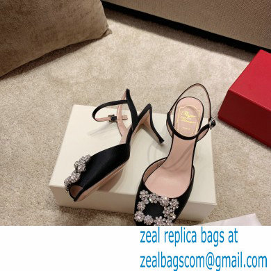 roger vivier 6.5CM HEEL Flower Strass Buckle Sandals in Satin black - Click Image to Close