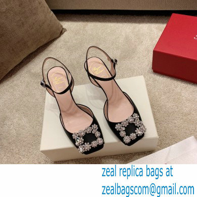 roger vivier 6.5CM HEEL Flower Strass Buckle Sandals in Satin black