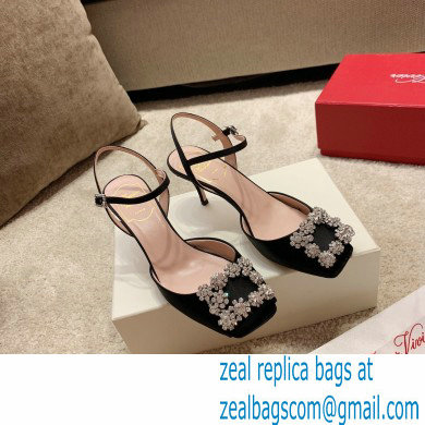 roger vivier 6.5CM HEEL Flower Strass Buckle Sandals in Satin black