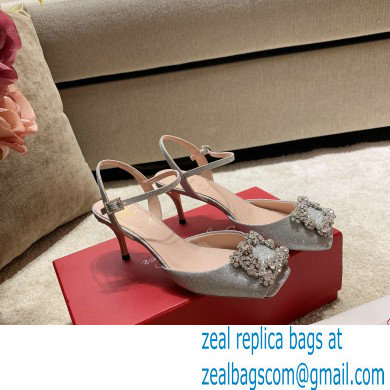 roger vivier 6.5CM HEEL Flower Strass Buckle Sandals in Satin silver