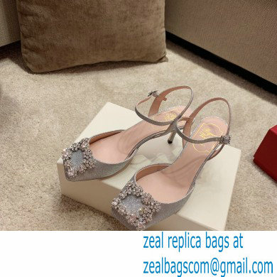 roger vivier 6.5CM HEEL Flower Strass Buckle Sandals in Satin silver - Click Image to Close