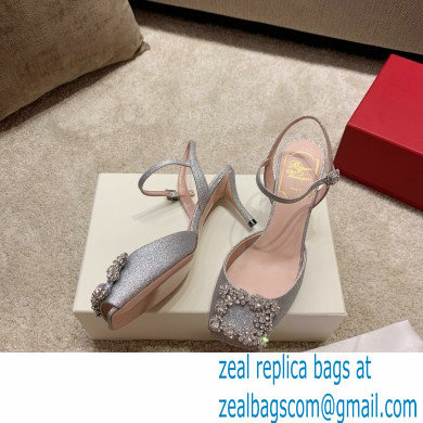 roger vivier 6.5CM HEEL Flower Strass Buckle Sandals in Satin silver - Click Image to Close