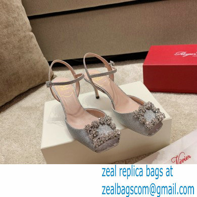 roger vivier 6.5CM HEEL Flower Strass Buckle Sandals in Satin silver - Click Image to Close
