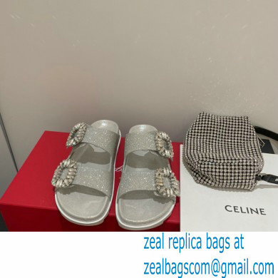 roger vivier Slidy Viv' Strass Buckle Mules in FABRIC SILVER - Click Image to Close