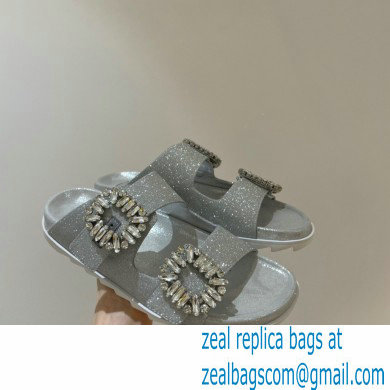 roger vivier Slidy Viv' Strass Buckle Mules in FABRIC SILVER - Click Image to Close