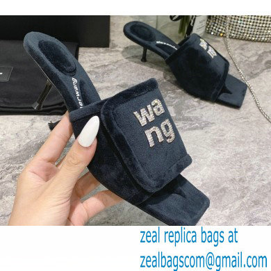 Alexander Wang Heel 5.5cm Jessie Padded Velour Crystal Logo Slide Sandals Black 2021 - Click Image to Close