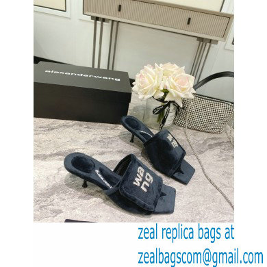 Alexander Wang Heel 5.5cm Jessie Padded Velour Crystal Logo Slide Sandals Black 2021