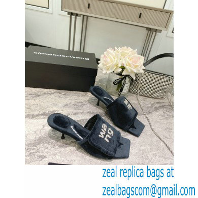 Alexander Wang Heel 5.5cm Jessie Padded Velour Crystal Logo Slide Sandals Black 2021 - Click Image to Close