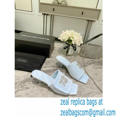 Alexander Wang Heel 5.5cm Jessie Padded Velour Crystal Logo Slide Sandals Light Blue 2021 - Click Image to Close