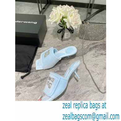 Alexander Wang Heel 5.5cm Jessie Padded Velour Crystal Logo Slide Sandals Light Blue 2021 - Click Image to Close