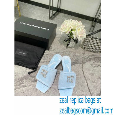 Alexander Wang Heel 5.5cm Jessie Padded Velour Crystal Logo Slide Sandals Light Blue 2021 - Click Image to Close