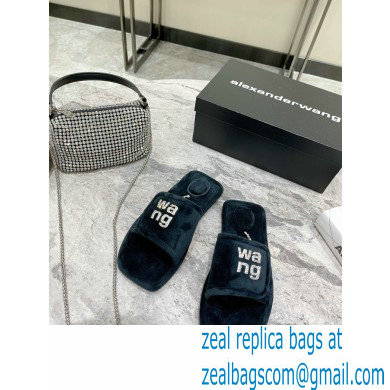 Alexander Wang Lana Padded Velour Crystal Logo Slippers Black 2021 - Click Image to Close