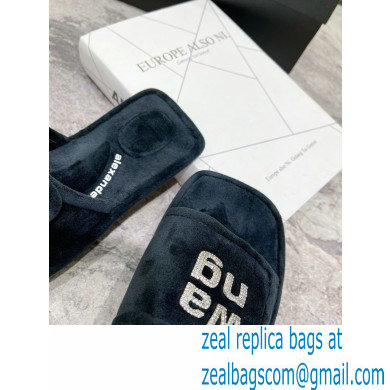 Alexander Wang Lana Padded Velour Crystal Logo Slippers Black 2021