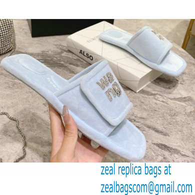 Alexander Wang Lana Padded Velour Crystal Logo Slippers Light Blue 2021