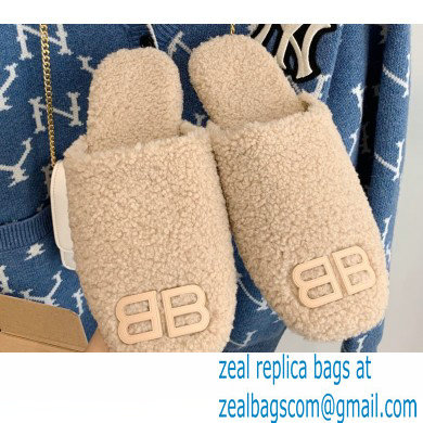 Balenciaga Fake Shearling Cosy BB Mules Beige 2021