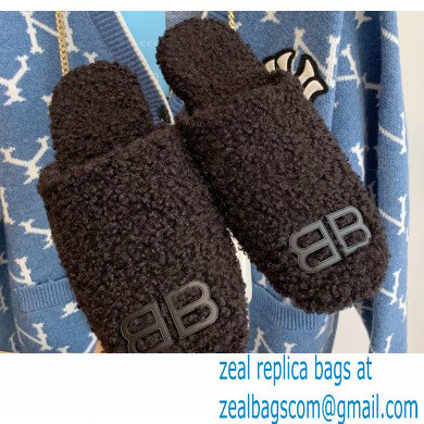 Balenciaga Fake Shearling Cosy BB Mules Black 2021 - Click Image to Close