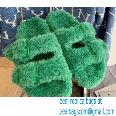 Balenciaga Fake Shearling Mallorca Sandals Green 2021 - Click Image to Close