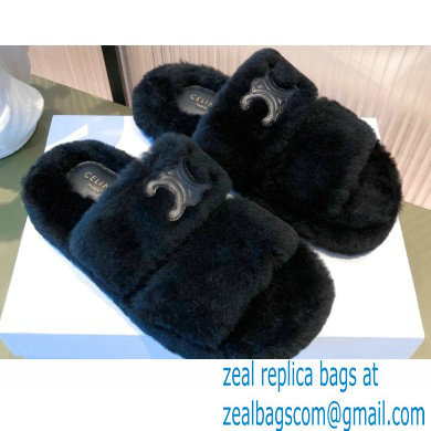 Celine Fur Triomphe Open Slides in Shearling Black 2021