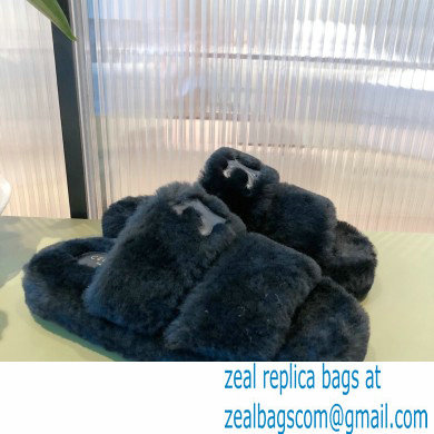 Celine Fur Triomphe Open Slides in Shearling Black 2021 - Click Image to Close