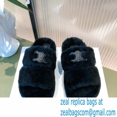 Celine Fur Triomphe Open Slides in Shearling Black 2021