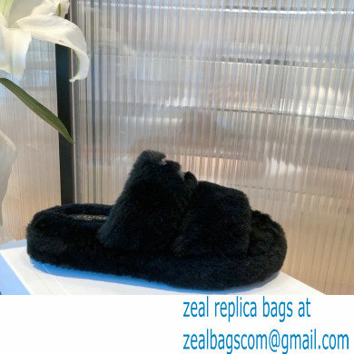 Celine Fur Triomphe Open Slides in Shearling Black 2021