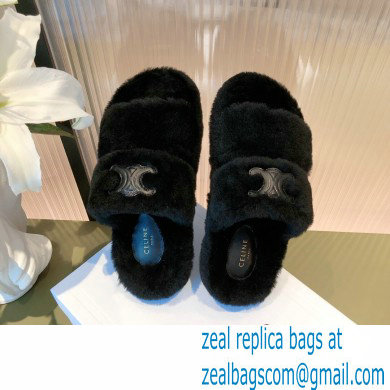 Celine Fur Triomphe Open Slides in Shearling Black 2021 - Click Image to Close