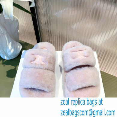 Celine Fur Triomphe Open Slides in Shearling Pink 2021