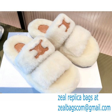 Celine Fur Triomphe Open Slides in Shearling White 2021 - Click Image to Close