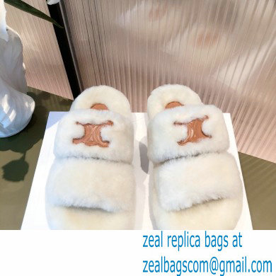 Celine Fur Triomphe Open Slides in Shearling White 2021