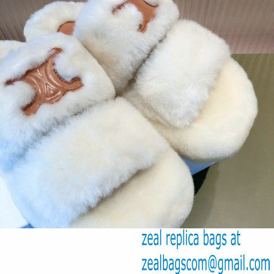 Celine Fur Triomphe Open Slides in Shearling White 2021 - Click Image to Close